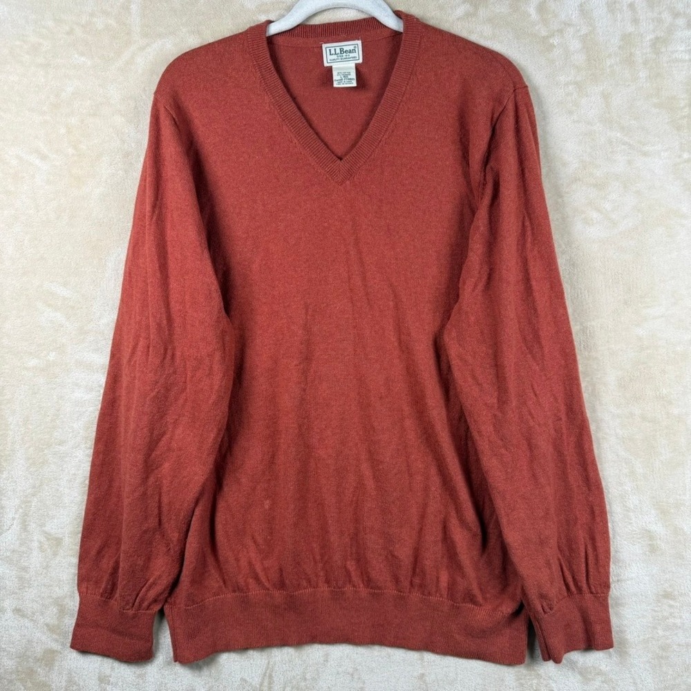 LL Bean Mens L V-Neck Sweater Rust Orange Cotton Cashmere Blend Earthy Autumn